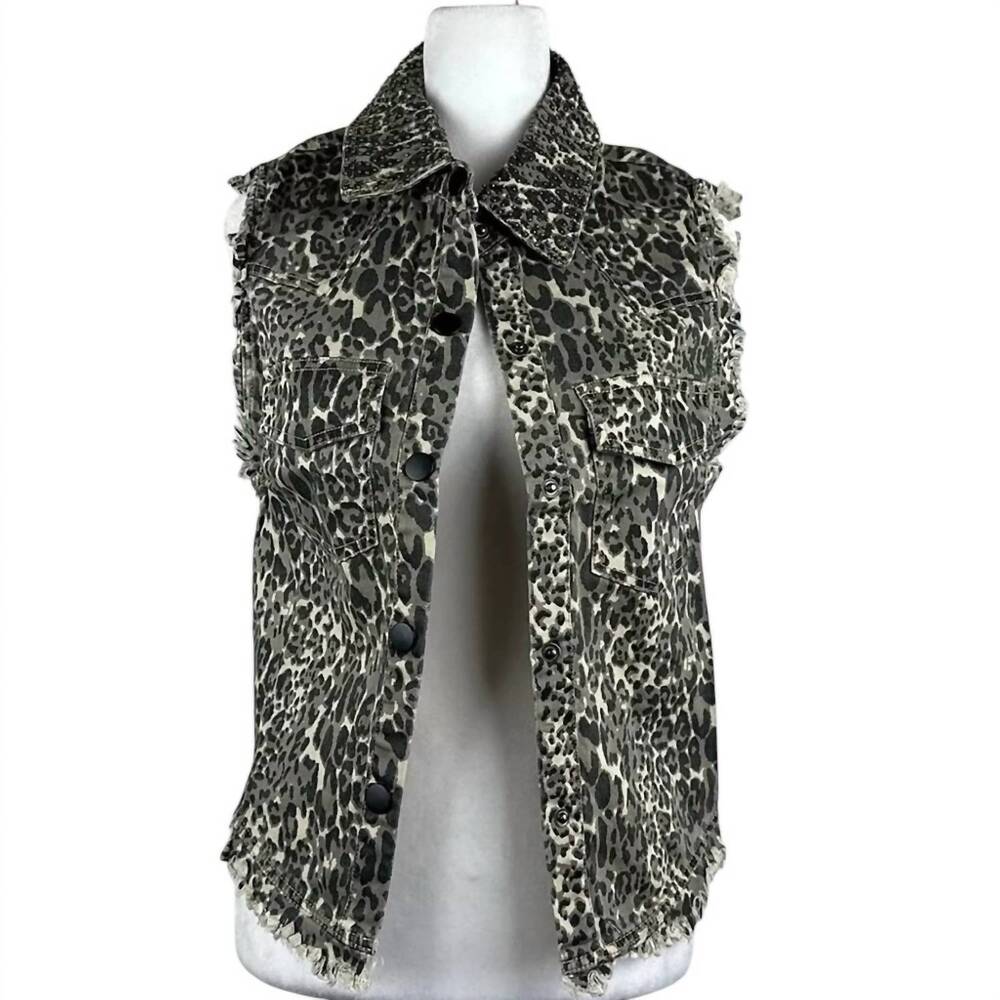 NEW ENGLISH ROSE women's animal print distressed vest in tan/black